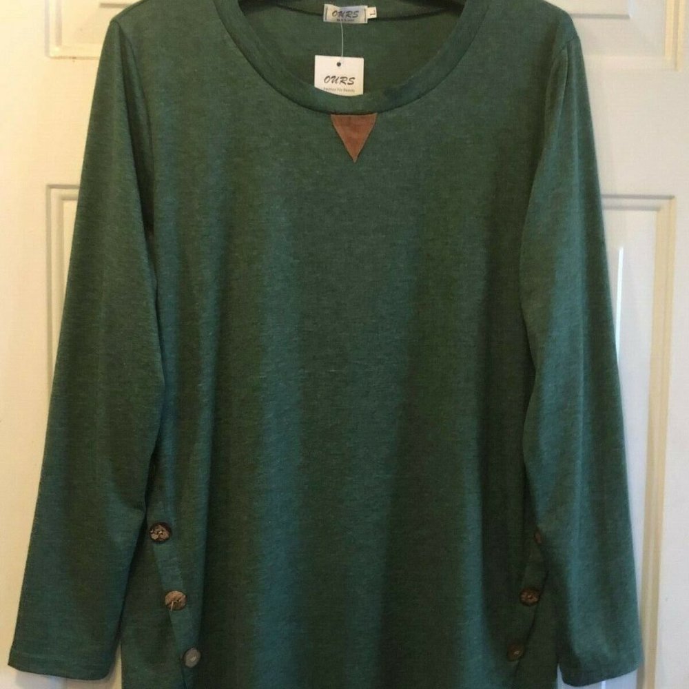 NWT OURS Sz L Women's Knit  Top TunicLong Sleeve Blend Cotton Green